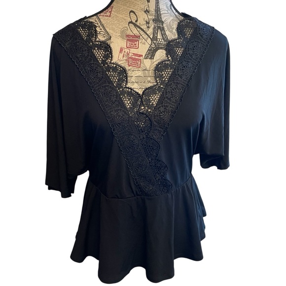 No Frills Tops - Elegant Black Lace V-Neck Blouse